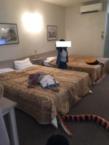 ファミリーロッジ旅籠屋東京新木場店客室内ベッドとエアコン
